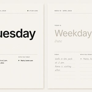 May include: Two minimalist planner pages. The left page says "Tuesday" in large black font, with "29 April" below. The right page says "Weekday" in grey font, with a space for the date. Both pages have a section for notes.