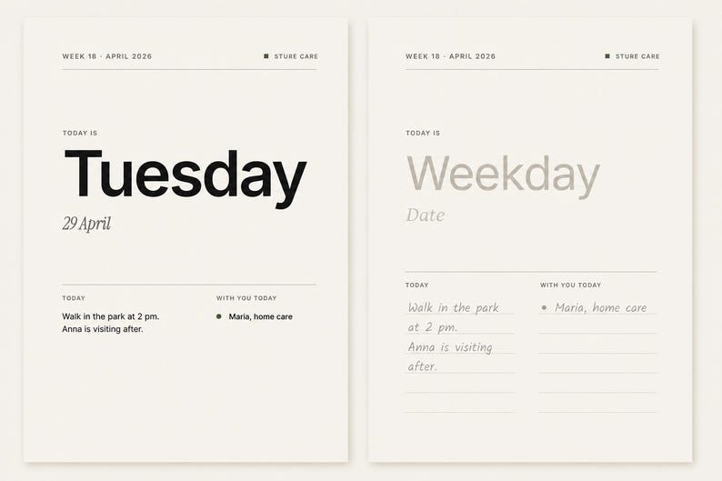 May include: Two minimalist planner pages. The left page says "Tuesday" in large black font, with "29 April" below. The right page says "Weekday" in grey font, with a space for the date. Both pages have a section for notes.