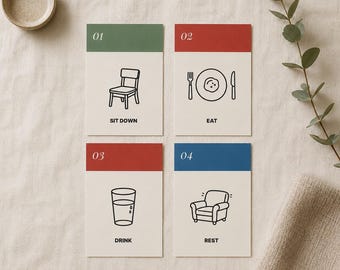Dementia Mealtime Routine Cards | 4 Printable Visual Cards | Sit Eat Drink Rest | Editable Canva Template | Dementia Care Tools