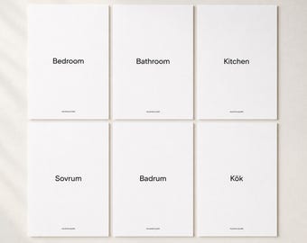 Minimalist Room Signs Printable Set | 12 Bilingual Room Labels English Swedish | Editable Canva Template Instant Download