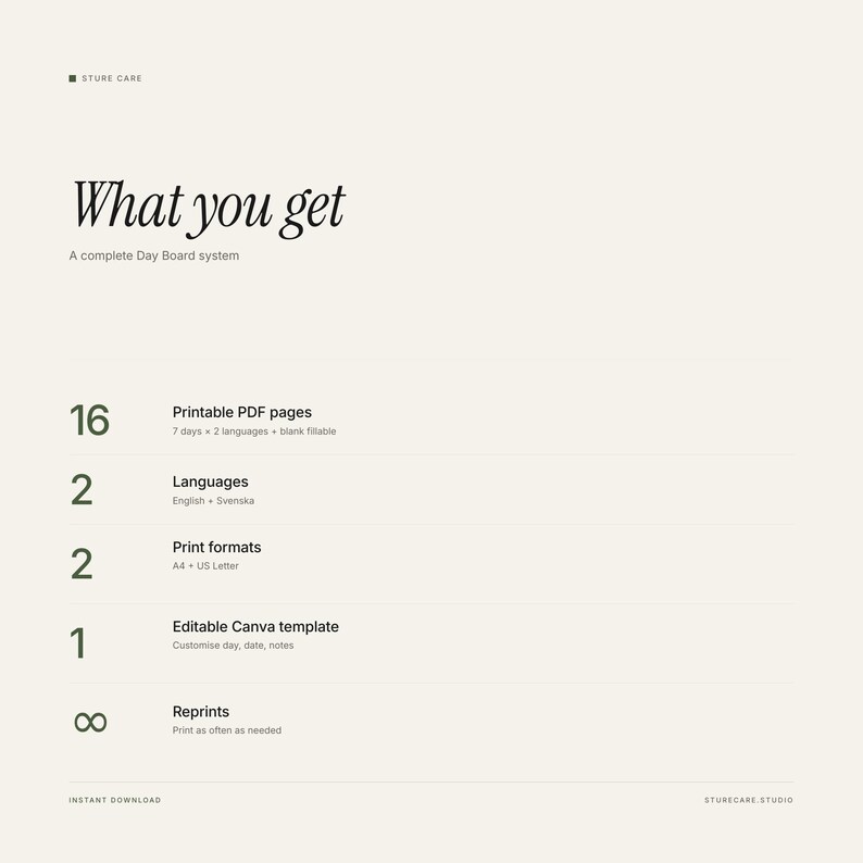 May include: Cream-coloured graphic with the text "What you get" and a list of features for a Day Board system. Includes 16 printable PDF pages, 2 languages, 2 print formats, 1 editable Canva template, and reprints.