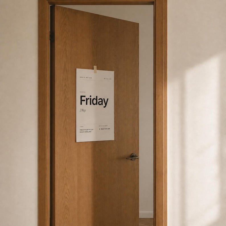 May include: A light brown wooden door with a white paper pinned to it. The paper displays the word "Friday" in black, with the date "2 May". The door is set in a white wall, with a door handle visible.