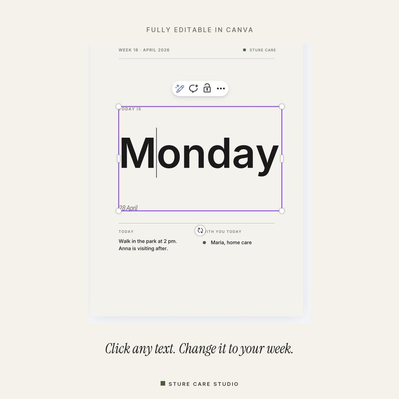May include: A digital planner template featuring the word "Monday" in a large, bold black font, within a purple rectangle. The template includes editable text and the phrase "Click any text. Change it to your week."