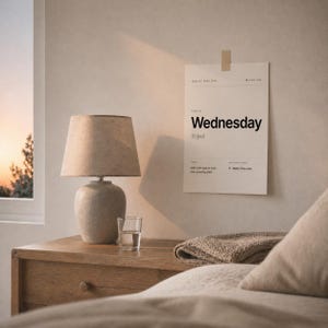 May include: A bedroom interior with a bedside table holding a lamp, a glass of water, and a calendar. The lamp has a beige shade and a textured base. The calendar displays "Wednesday, 30 April."