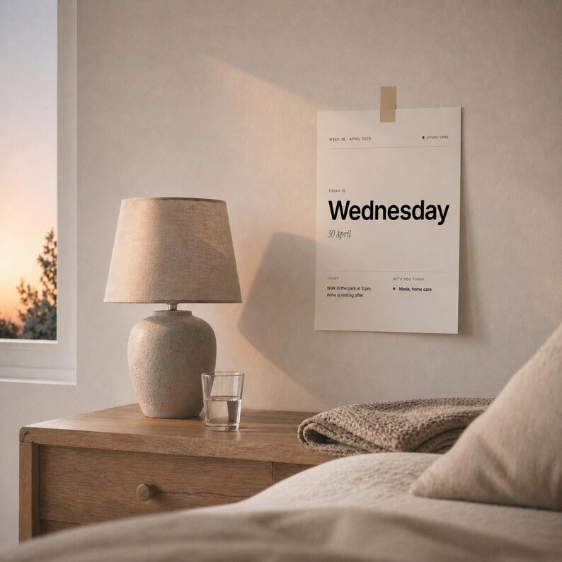 May include: A bedroom interior with a bedside table holding a lamp, a glass of water, and a calendar. The lamp has a beige shade and a textured base. The calendar displays "Wednesday, 30 April."
