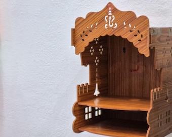 Handgefertigter hölzerner Pooja Mandir für Zuhause - Wand montierter Hindu-Tempelaltar mit Schublade | Kompakter Puja Ghar Schrein für Idole & Meditation