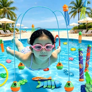 Puede incluir: Un set de aspersores de agua para piscina con un marco arqueado azul y bases naranjas y verdes etiquetadas con A y B. El conjunto incluye varios juguetes flotantes de plástico como medusas, peces y anillos de colores brillantes.