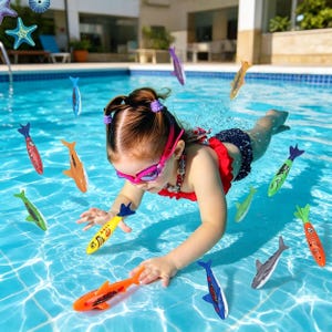 Può includere: Una persona giovane con occhialini nuota in una piscina, raggiungendo pesci giocattolo colorati. I giocattoli sono di vari colori, tra cui arancione, giallo, verde e blu. L'acqua è limpida e blu, e la scena è luminosa e soleggiata.