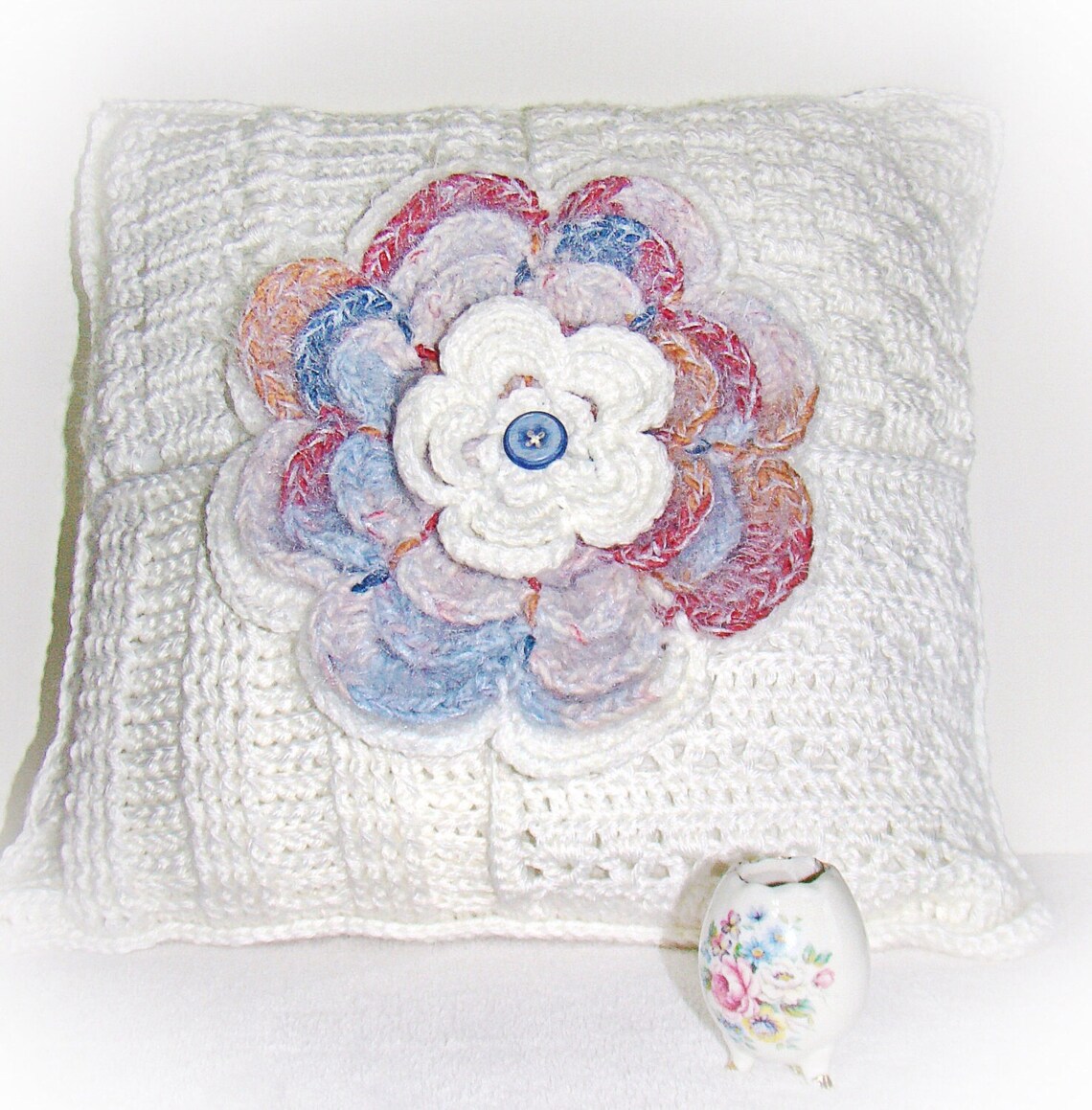 Crochet Pillow Cover White Textured Pillow Floral Pillow Etsy