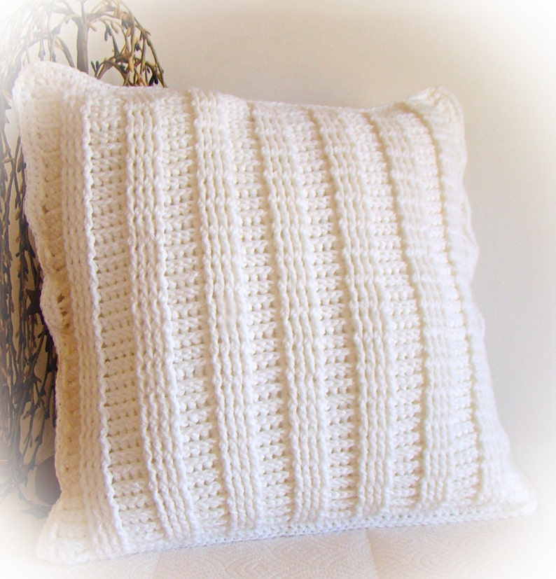Crochet Decorative Pillow Cover Soft White Ladder Stitch Textured 14 x 14 Removable Made to Order