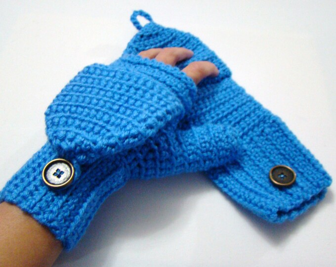 Convertible Fingerless Mittens, Bright Blue Texting Mitten, Crochet