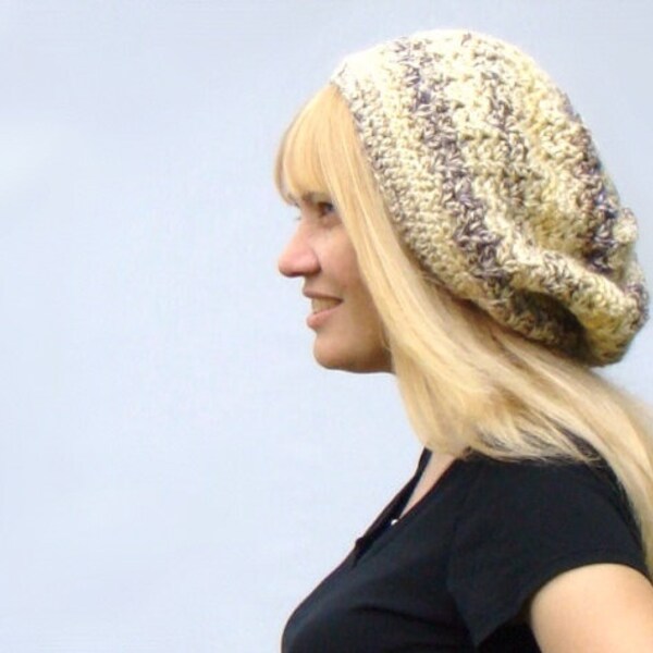 Alpaca Slouch Beanie, Crochet Slouch Hat, Beige Cream Hat, Brown Slouchy Hat, Purple Tam