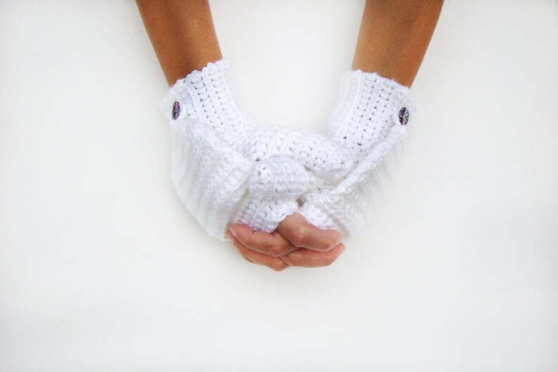 White Mittens Convertible Fingerless Mittens White Gloves Etsy