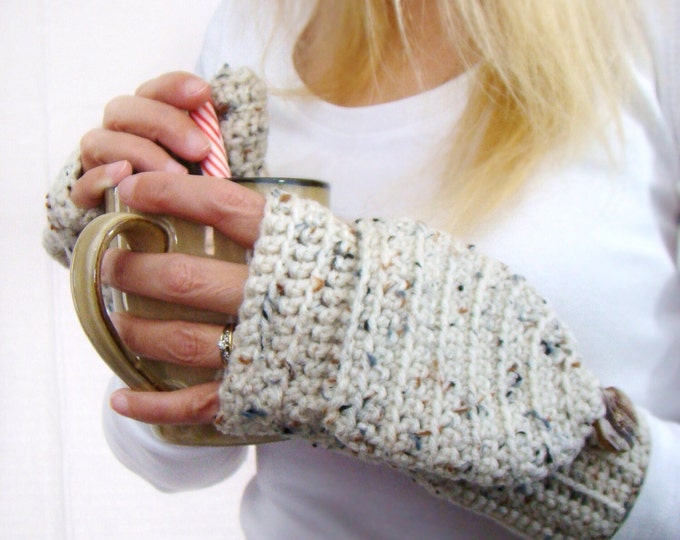 Convertible Fingerless Mittens, Aran Fleck Texting Mittens, Crochet