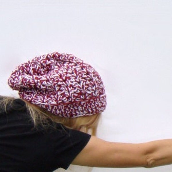 Crimson and White Slouch Hat, Crochet Beanie, Burgundy White Extra Slouchy Hat