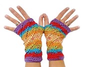Fingerless Mittens, Rainbow Open Mitts, Crochet Wrist Warmer, Open Gloves, Rainbow Mittens, Texting Mittens,
