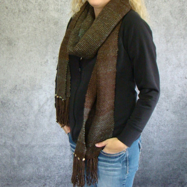 Handwoven Scarf, Blue and Brown Handspun Scarf, Handwoven Shawl, Long Scarf, Natural Wool Scarf, Handwoven Wrap, Handspun Wool Wrap