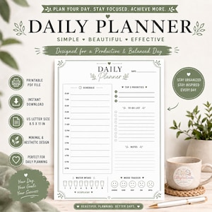 Puede incluir: Una hoja de planificador diario blanca con texto y detalles en verde salvia. El diseño incluye un horario de 6 AM a 6 PM, una sección para las 3 prioridades principales, una lista de tareas, notas, un rastreador de agua y de estado de ánimo.