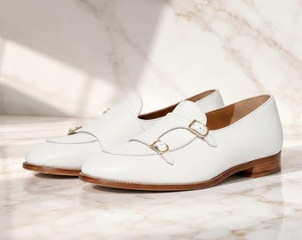 Handgefertigte weiße Monk-Strap-Schuhe, Herren-Lederschuhe, elegante Hochzeitsschuhe