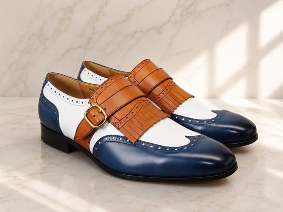 Handmade Navy Blue Brown Leather Monk Strap Shoes, Two Tone Formal Dress Footwear