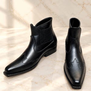 Handmade Black Leather Ankle Boots Western Chelsea Pull On Men Square Toe Dress Footwear