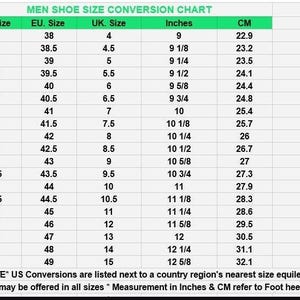 K&ouml;nnte beinhalten: Eine Schuhgr&ouml;&szlig;en-Umrechnungstabelle mit dem Titel MEN SHOE SIZE CONVERSION CHART mit Spalten f&uuml;r US-, EU- und UK-Gr&ouml;&szlig;en sowie Ma&szlig;en in Zoll und Zentimetern. Die Tabelle listet Gr&ouml;&szlig;en von 5 bis 16 auf, einschlie&szlig;lich halber Gr&ouml;&szlig;en und Fu&szlig;l&auml;ngen.