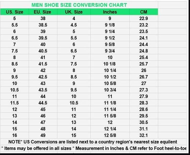 K&ouml;nnte beinhalten: Eine Schuhgr&ouml;&szlig;en-Umrechnungstabelle mit dem Titel MEN SHOE SIZE CONVERSION CHART mit Spalten f&uuml;r US-, EU- und UK-Gr&ouml;&szlig;en sowie Ma&szlig;en in Zoll und Zentimetern. Die Tabelle listet Gr&ouml;&szlig;en von 5 bis 16 auf, einschlie&szlig;lich halber Gr&ouml;&szlig;en und Fu&szlig;l&auml;ngen.