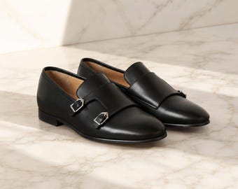 Handgefertigte schwarze Lederschuhe für Herren, Doppel-Monk-Riemen-Schuhe