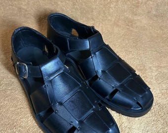 Handmade Black Leather Fisherman Sandals Buckle Strap Open Toe Summer Shoes