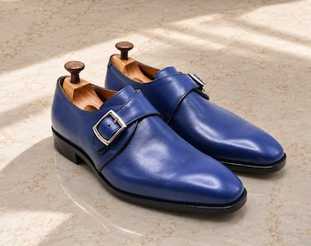 Herren-Lederschuhe mit Monk-Strap-Schnitt, königsblau, formelle Hochzeitsschuhe für den Bräutigam