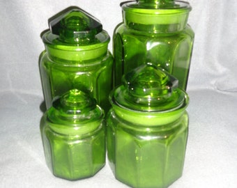 Vintage Complete Set of 4 L.E. Smith 10 Panel Green Glass Canister/Apothecary Jar Set