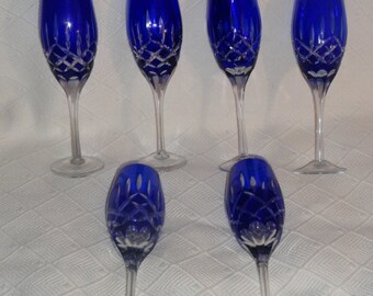 Vintage Set of 6 Cobalt Blue Cut Glass Bohemian Champagne Flutes