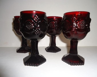 Avon Cranberry Glass Goblets Set of Four 1876 Cape Cod Collection 1976 Vintage 4 1/2"
