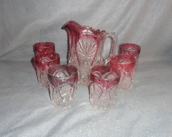 Vintage Cut Glass w/ Ruby Flash Pitcher and 6 Glasses Set