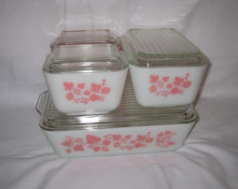 Pyrex #472 Pink Gooseberry Pattern 8 Pc Refrigerator Set