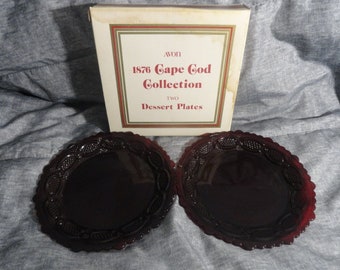 Vintage Avon 1876 Cape Cod Collection Cranberry Set of 2 Dessert Plates w/ Box
