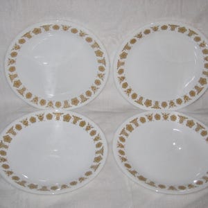 May include: Four white plates with a decorative border of small, tan floral patterns. The plates are round with a slightly raised edge. The plates are arranged on a white surface.