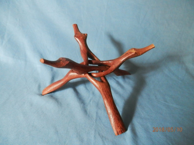 India Wood Hand Carved Wood Folding Bowl Stand Vintage