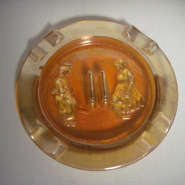 Amber Carnival Glass Ashtray Iridescent Mid 20th Century Vintage