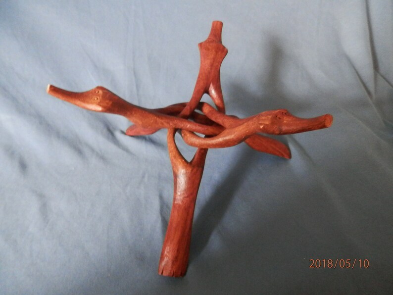 India Wood Hand Carved Wood Folding Bowl Stand Vintage