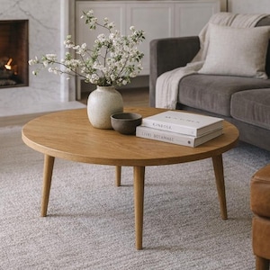 May include: A cozy living room scene featuring a round wooden coffee table with books and a vase of flowers. A gray sofa and a brown leather armchair are visible, along with a fireplace and a neutral-toned rug. The room is decorated in a minimalist style.