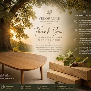 May include: A wooden oval coffee table with four legs, displayed with oak wood blocks and foliage. The image includes the text "Thank You" and highlights the beauty of oak, emphasizing its strength, natural beauty, timeless appeal, and sustainable choice.