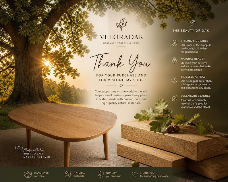 May include: A wooden oval coffee table with four legs, displayed with oak wood blocks and foliage. The image includes the text "Thank You" and highlights the beauty of oak, emphasizing its strength, natural beauty, timeless appeal, and sustainable choice.