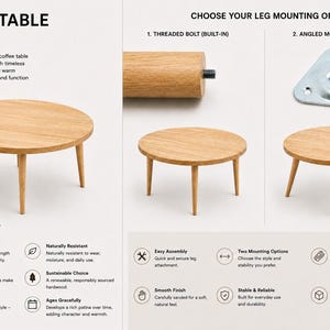 May include: Solid oak coffee table with a round top and three angled legs. The table is light brown with a natural wood grain. The image also shows leg mounting options.
