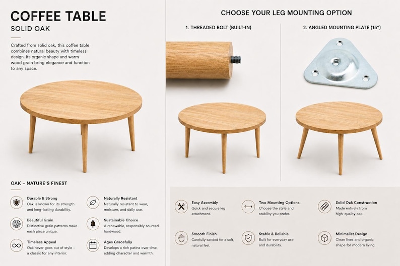 May include: Solid oak coffee table with a round top and three angled legs. The table is light brown with a natural wood grain. The image also shows leg mounting options.