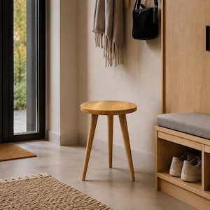 Könnte beinhalten: Ein runder Holzhocker mit drei konisch zulaufenden Beinen. Der Hocker ist aus hellem Holz gefertigt und weist eine sichtbare Maserung auf der runden Sitzfläche auf. Das Design zeichnet sich durch eine einfache, funktionale Struktur mit drei Beinen aus.