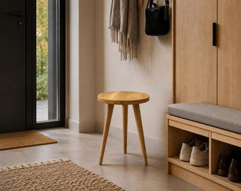 Solid Oak Stool, Handmade Scandinavian Side Table, 3 Leg Accent Furniture