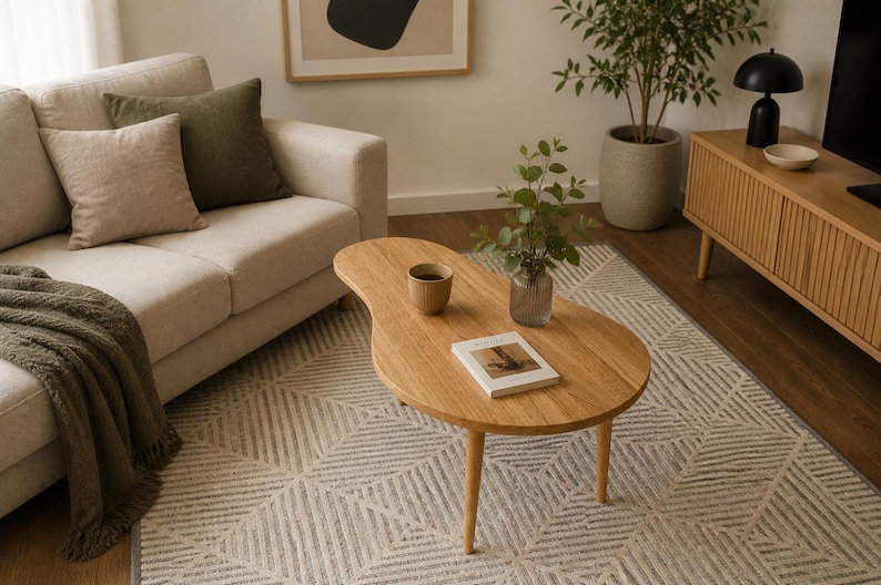 Minimalist wooden table in cozy living space
