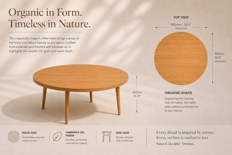 May include: A round, light brown coffee table made of solid oak with a hardwax oil finish. The table has a diameter of 35.4 inches and stands 15.75 inches tall. The design is inspired by nature, with a focus on organic shapes.