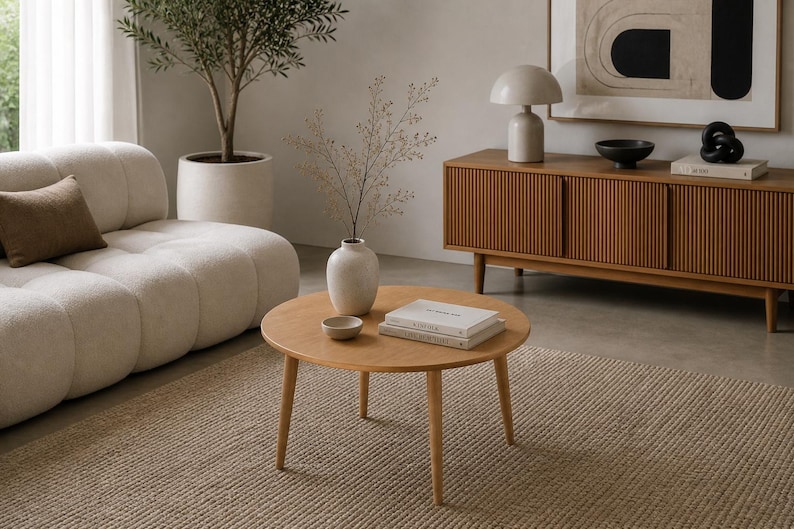 Minimalist round oak table living room decor